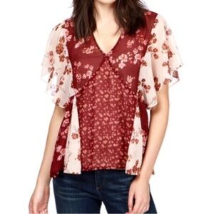 Lucky Brand Burgundy Floral Sheer Blouse